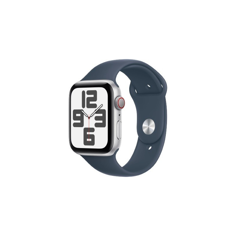 Watch SE GPS + Cellular, 44mm Koperta z aluminium w kolorze srebrnym z paskiem sportowym w kolorze sztormowego błękitu - M/L